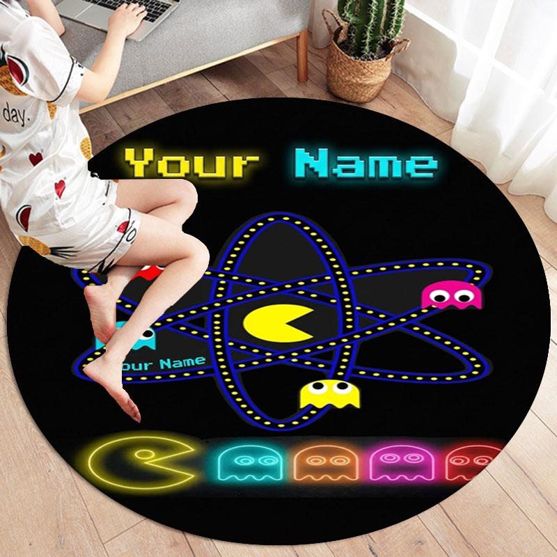 Pac-Man Custom Name Round Area Rug,Carpet Rug for Living Room Bedroom Sofa Playroom Decor,Non-slip Floor Mat