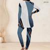 Women Plus Size Round Neck Long Sleeve Black Orange Beige Geometric Print Long Top And Fitted Pants Two Piece Set