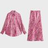 2024 Spring European & American Women's Silk Satin Print Shirt & Midi Skirt Set