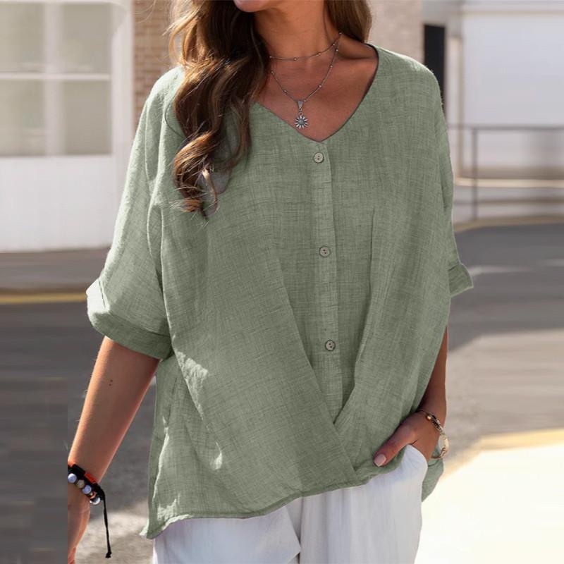 Cotton T-shirt V-neck Short Sleeve Loose Women's Shirt Casual Tops