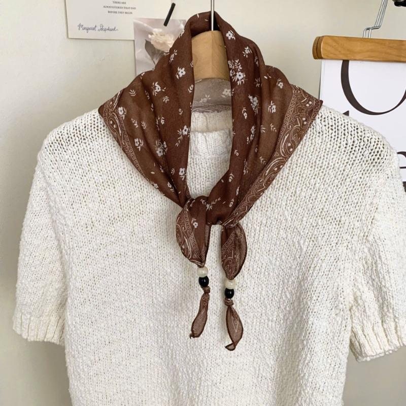 Silk Scarf New Literary Scarf Shawl Cashew Flower Headband Versatile Multi-purpose Pearl Triangle Scarf Waist Tie