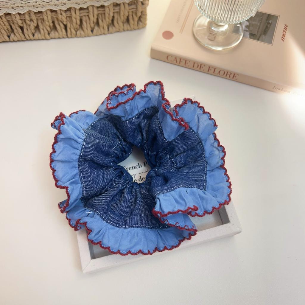 1PC Blue Color Block Retro Large Intestine Headband for Woman and Girls Red Edged Denim Fabric Double Layered Headband Hair Ties