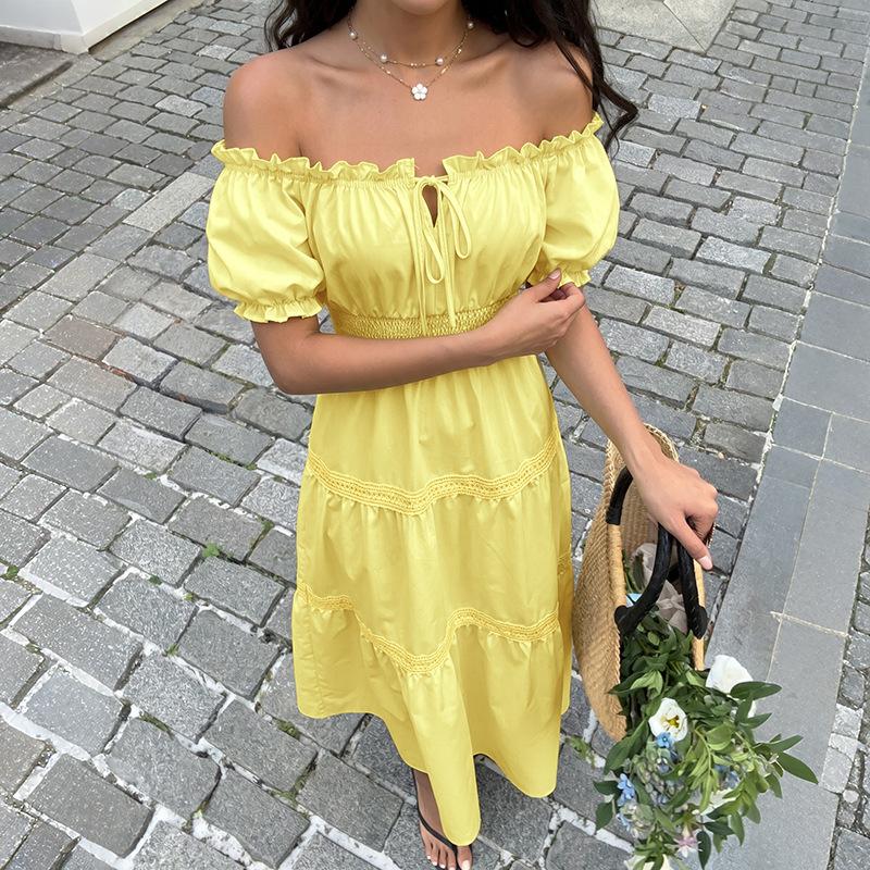 Women Off Shoulder Tiered Maxi Dress Smocked Waist Puff Sleeve Casual Summer Vacation Dress