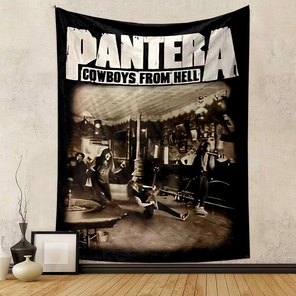 Band members performing energetically in a rustic indoor setting. Patterned tapestry for bedroom and living room home decor