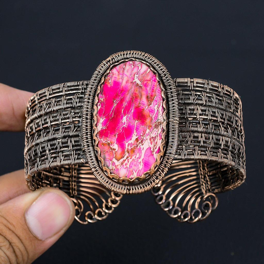 Розовый морской осадок, драгоценный камень, чистая медная проволока, манжеты ручной работы/браслет, регулируемые ювелирные изделия