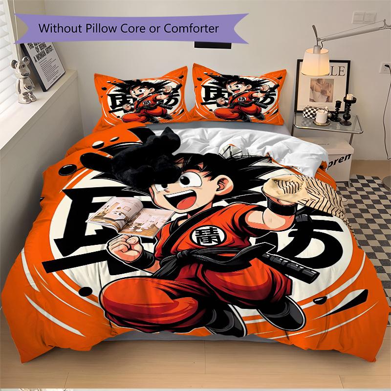 3pcs Dragon Ball Z Cute Son Goku Pattern Bedding Set, 1* Cover + 2*Pillowcases, Printed Bedding Set, Soft