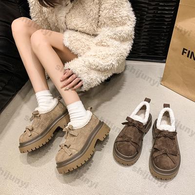 Женские зимние теплые мокасины Зимняя мода Повседневная платформа Slip-On Толстая подошва Замша Женские короткие плюшевые хлопковые банты Кожаные туфли