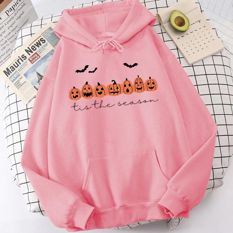 Happy Halloween Pumpkins Tis The Beason Hoodies Casual Long Sleeves Hooded Sweatshirts Cool Halloween Women Pullover Tops