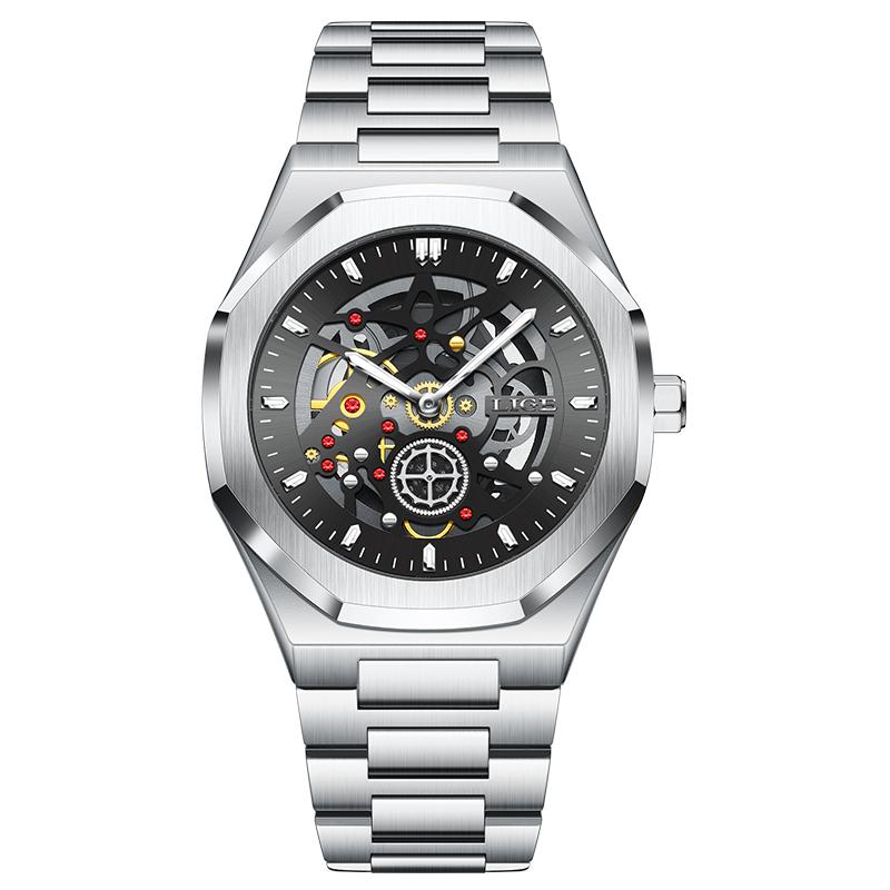 LIGE Skeleton Luxury Mens Watches Automatic Style Design Dial Quartz Wristwatches Waterproof Luminous Steel Strap Watch for Man