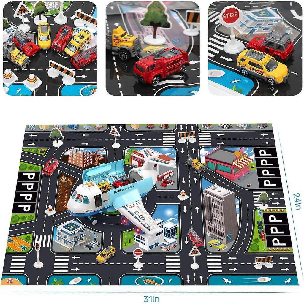 CUTE STONE Toy Airplane with Smoke, Lights & Sounds, Friction Powered Plane Toy with Mini Cars for Kids, Great Christ Gift for Boys and Girls