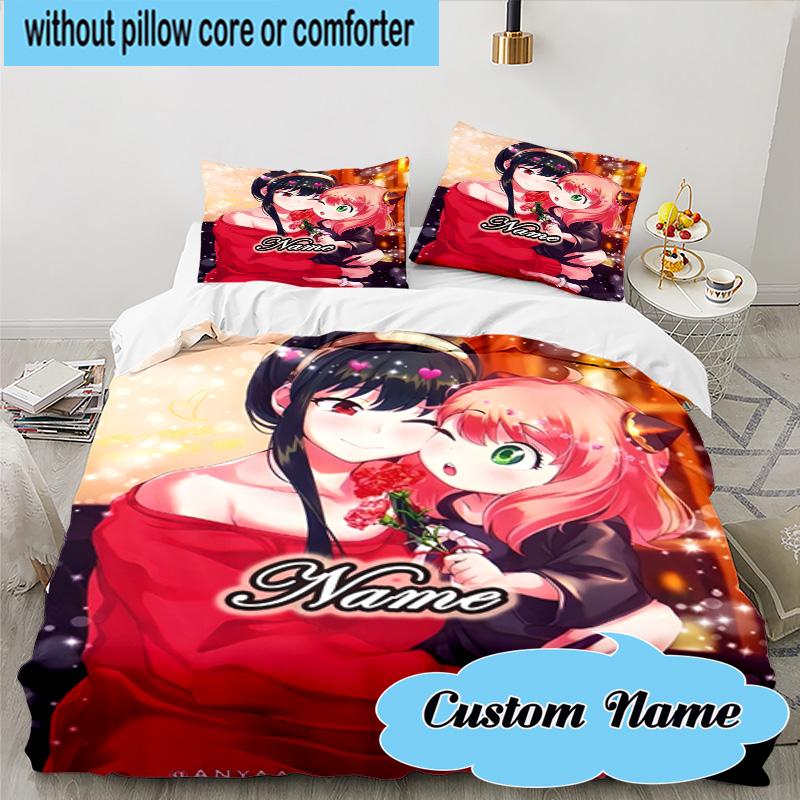 Custom Name 3PCS Anya Sweet Fan family Bedding Set, Including 1pc Duvet Cover And 2pcs Pillowcases, Suitable for dorms and bedrooms Gift
