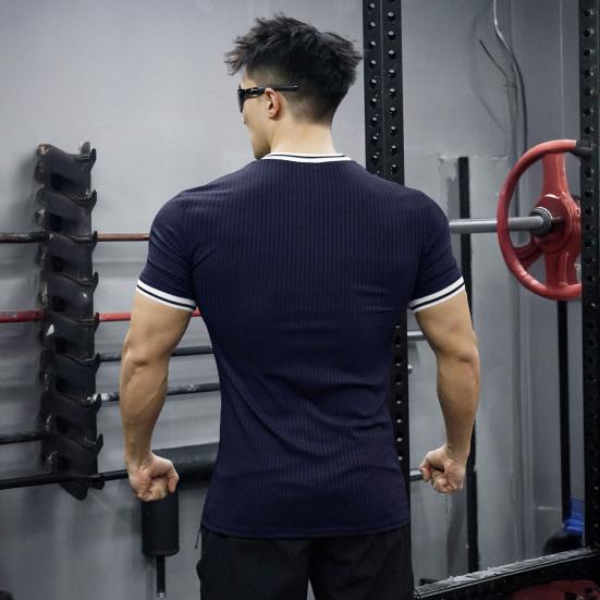 Men's Elastic Muscle T-Shirt Round Neck Short Sleeve Fitness Top Slim Fit Casual Running Tee for Sports Gym Outdoors