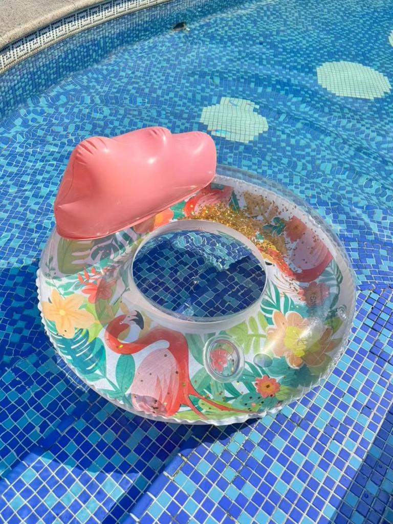 Плавательный круг со спинкой в виде фламинго с пайетками большого размера, с подстаканником и ручками