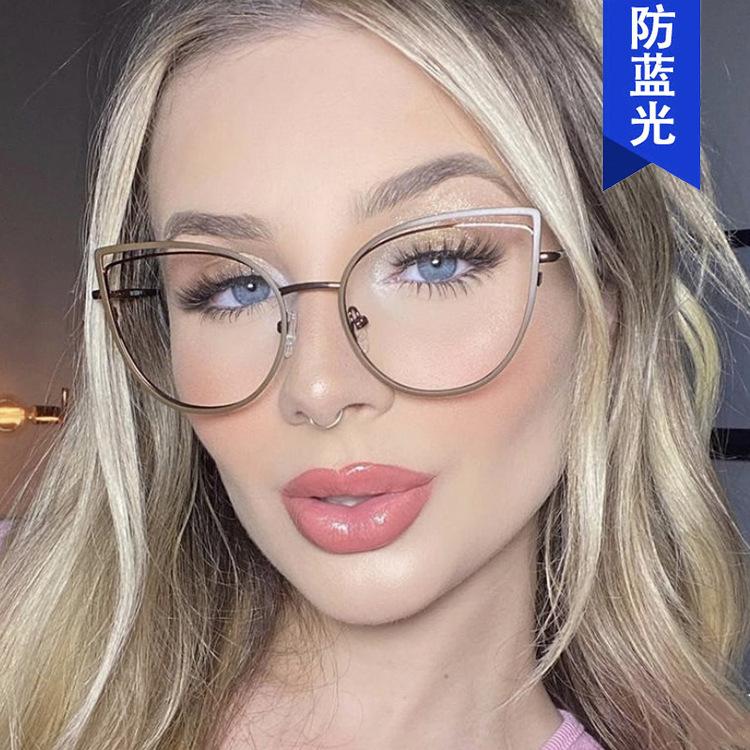Anti-blue light hollow cat's eye metal glasses frame, new flat glasses, fashionable and retro, can be matched with myopia
