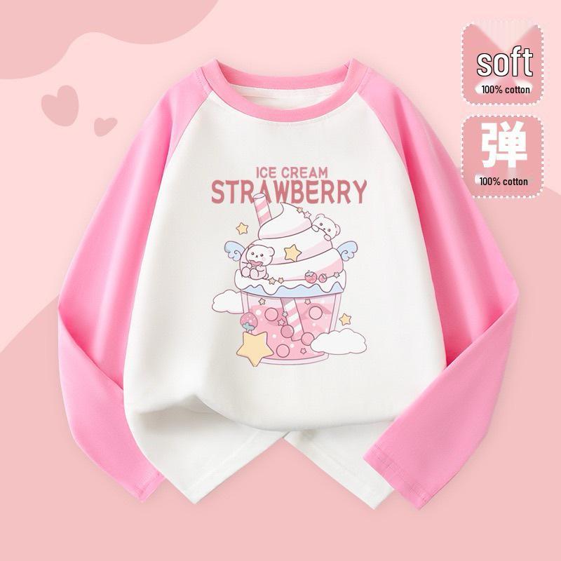 2025 Милая мультяшная футболка с длинным рукавом реглан в цветной блок для девочек