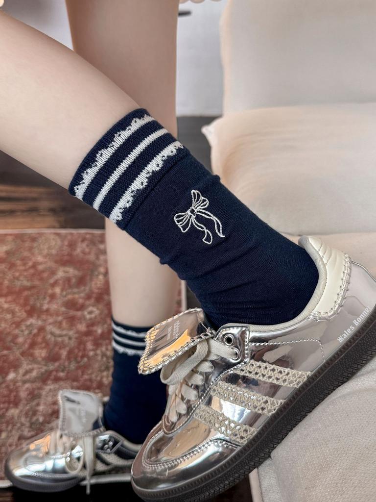 Striped Bow Socks, Socks, Spring And Autumn Cotton Socks, Trendy Korean German Training Shoes, Cute Stockings