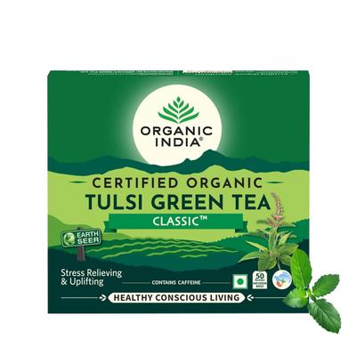 ORGANIC INDIA Тулси Зеленый Классический 50 Пакетиков Чая с Богатой Антиоксидантами Смесью для Освежающего Ежедневного Самочувствия и Мягкого Вкуса Зеленого Чая