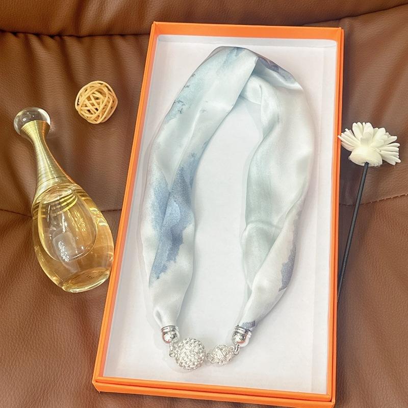 Silk Scarf Women's Spring, Autumn and Summer New Fashion Neck Protection Decoration Long Necklace Type Magnetic Buckle Scarf Small Scarf