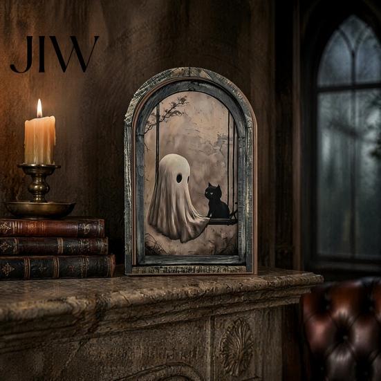Spooky Halloween Wall Hanging Vintage Arch Wooden Sign, Gothic Ghost Decor Retro Arched Sign with Bracket, Rustic Dark Aesthetic Home Ornament