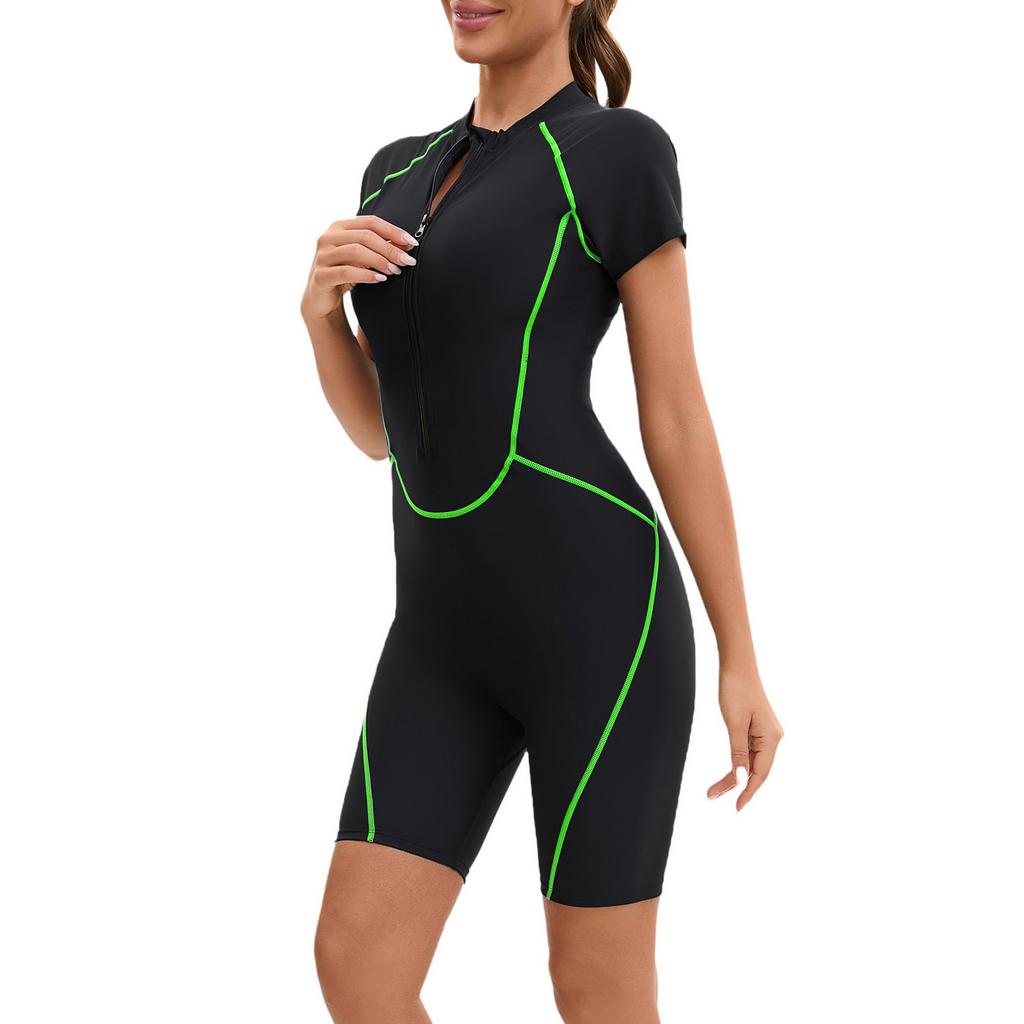 Женский слитный купальник с короткими рукавами на молнии и плоским углом, женские плавки с тремя точками и подкладкой для груди