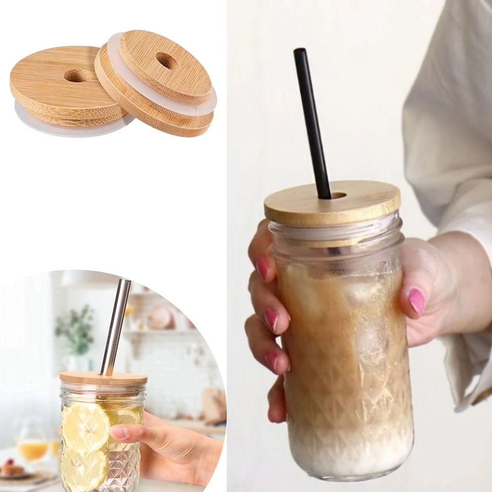Straw Lid With Glass Hole Bamboo Wood Lids Mason Jar Lids Cup Covers