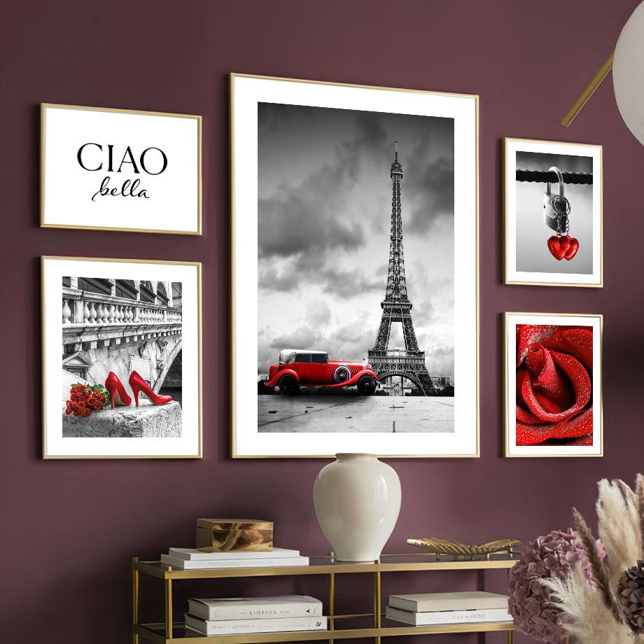Настенная картина на холсте, черно-белое Парижское полотенце, красная роза, туфли на высоком каблуке для девочек, декор для гостиной, постеры и принты, настенные панно