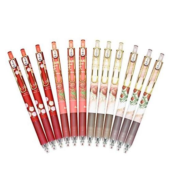 Maydahui Red Rose Knock Ballpoint Pen 0.5mm Black Ink 12 Pieces Stylish Flower Gel Easy Write Stationery Office Party Supplies Gift