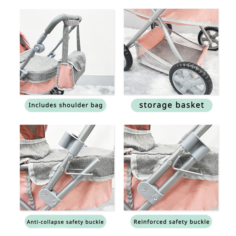 Складная коляска для кукол Большая игрушечная коляска с сумкой на плечо Выдвижной навес Регулируемая мягкая ручка для детей Девочек Ролевые игры