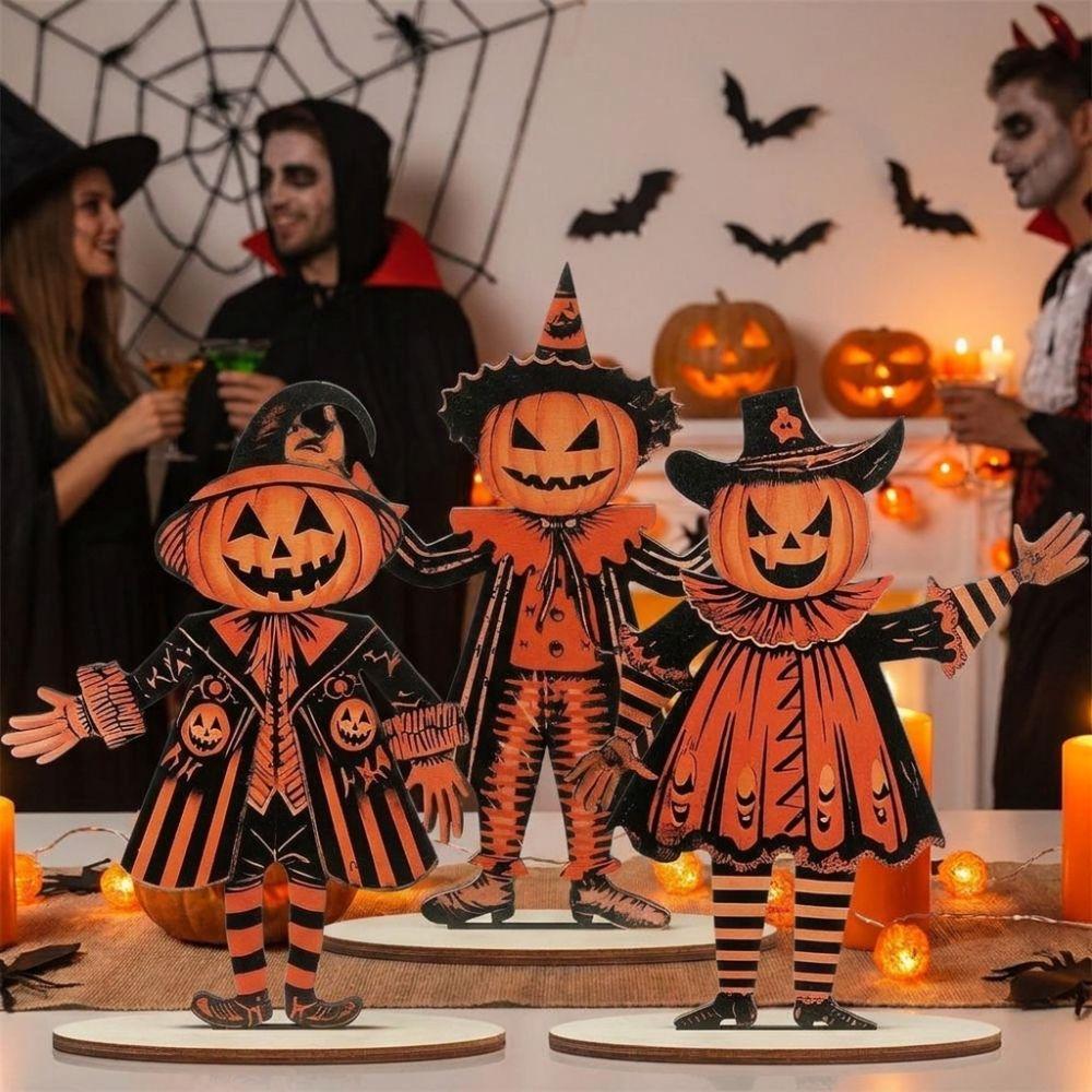 3Pcs 2D Flat Pumpkin Man Tabletop Decor Wooden Pumpkin Scarecrow Party Sign Tabletop Display