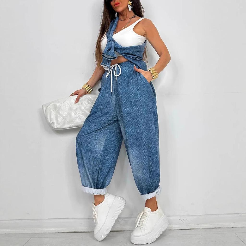 Женский повседневный комплект топ с круглым вырезом и свободные брюки с эффектом стирки на весну/осень 2025