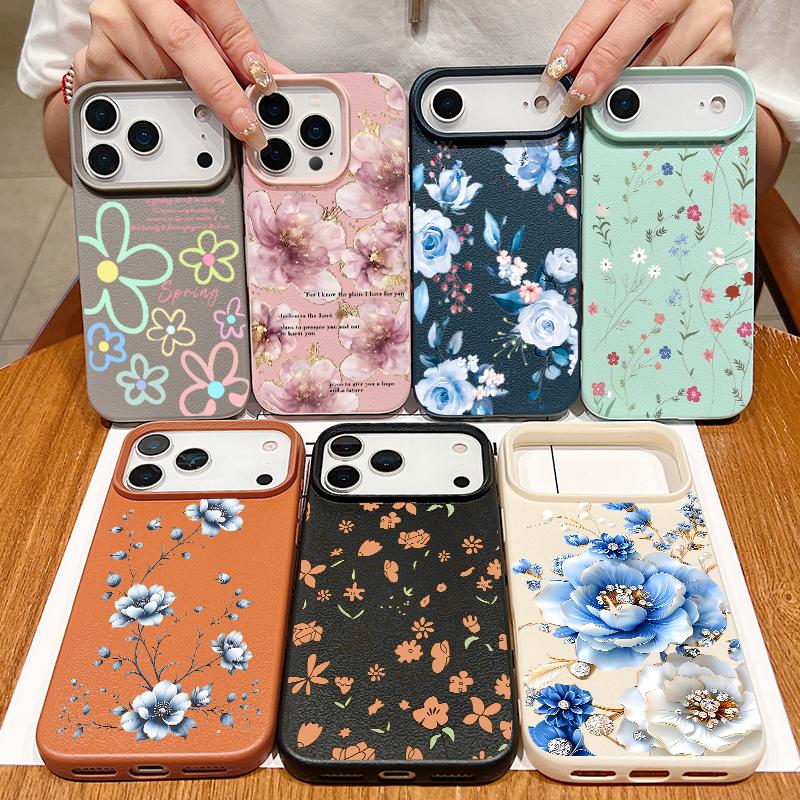 Чехол из ТПУ с текстурой кожи для iPhone 17 17e 16e 16 15 Pro Max 14 13 Pro Max 11, синий, с цветочным принтом, мягкий силиконовый задний чехол