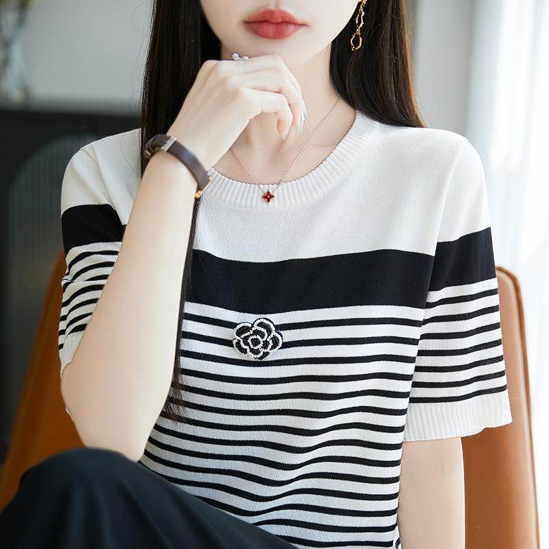 Футболка Summer Ice Silk с короткими рукавами, топ Camellia с круглым вырезом, свободная базовая рубашка с короткими рукавами