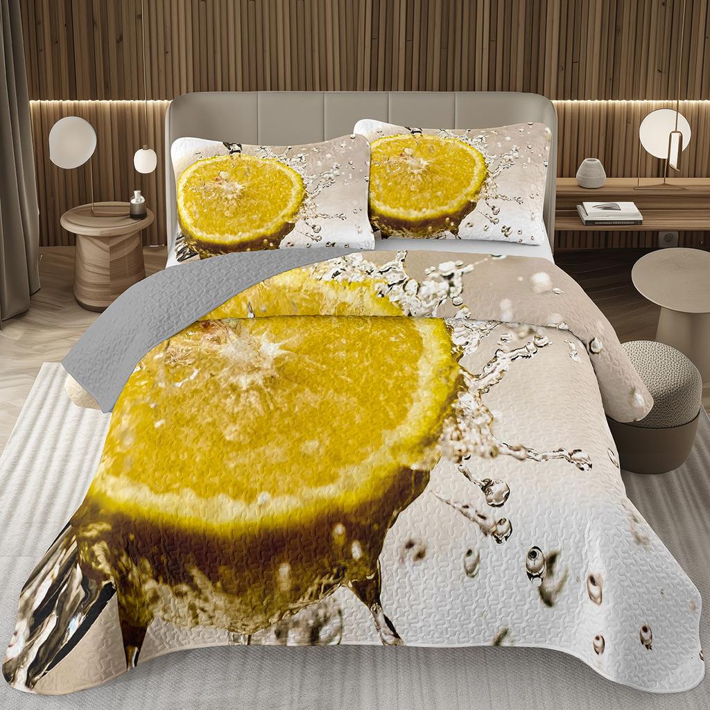 Лимонный Набор Покрывал Твин Квин Кинг Оранжевое Стеганое Покрывало 2/3 шт Летний Набор Постельного Белья с Тропическими Фруктами Ботаническая Тема Домашний Декор