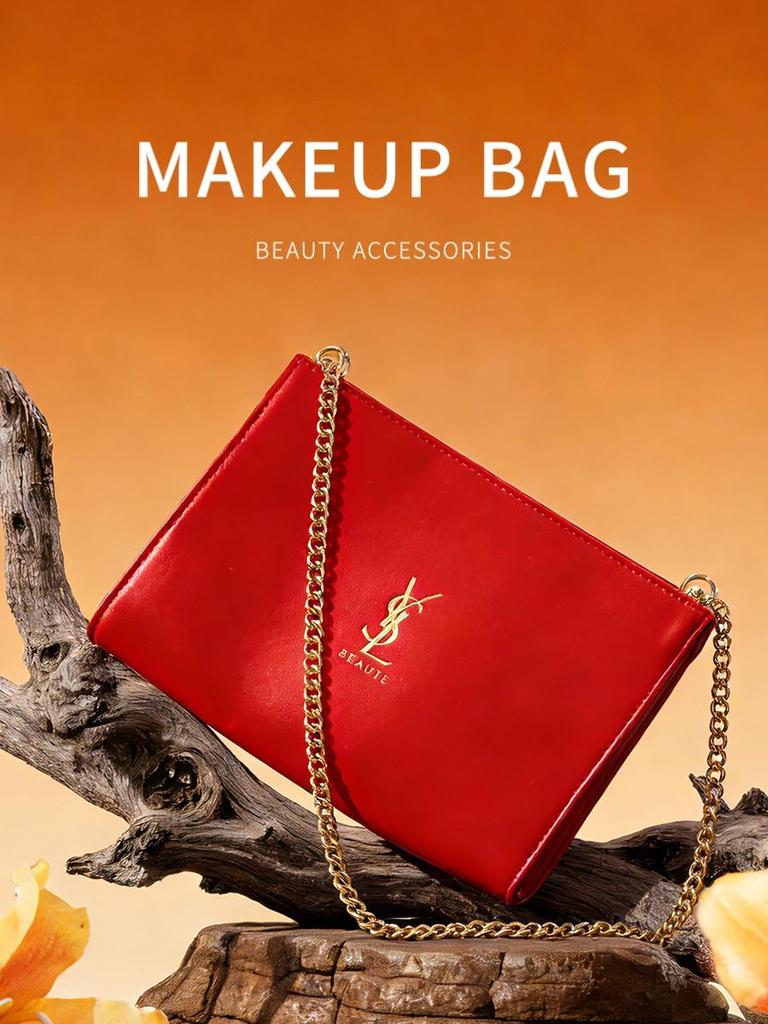 Красная косметичка YSL со съемным ремешком-цепочкой, Женская сумка через плечо/кроссбоди, Портативная клатч-сумка для хранения, 21*16*6.5 см
