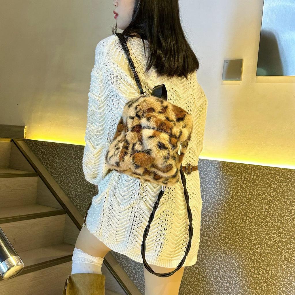 New Women Leopard Print Plush Backpack, Cute Pink Furry Bag, Versatile Girl Fluffy Shoulder Rucksack