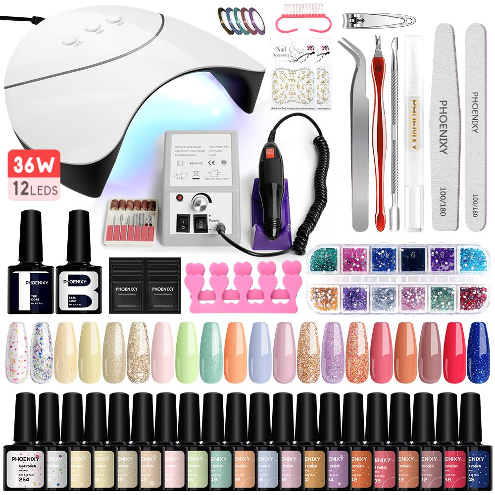 PHOENIXY Набор гель-лака для ногтей Pure Color Polish Полигель для ногтей Soak Off Gel с УФ-светодиодной лампой 36 Вт Набор маникюрных инструментов Стартовый и профессиональный