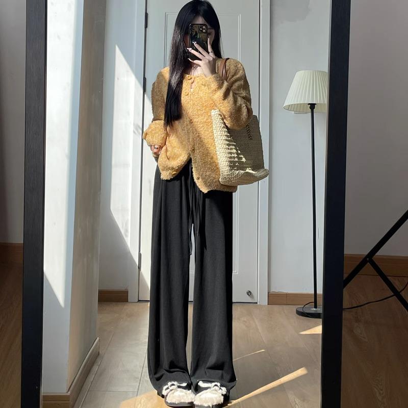 Женские трикотажные брюки с высокой талией и широкими штанинами Petite 145 - Весенне-осенние повседневные брюки свободного кроя с прямыми штанинами из клейкой рисовой ткани 150.