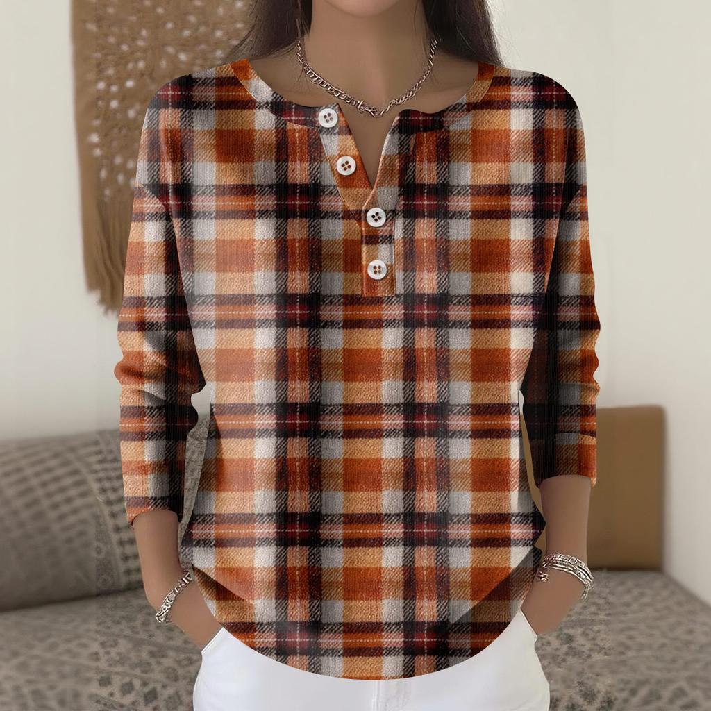 Women's Fashion Long Sleeve Plaid Geometric Print Top Elegant Casual Top