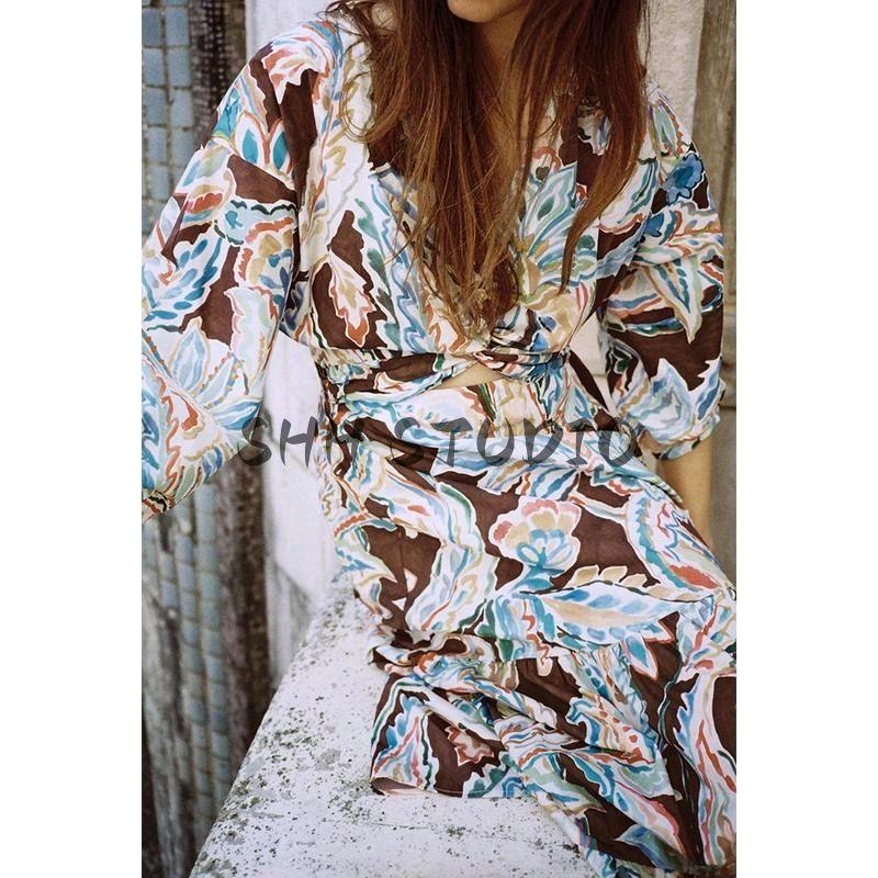 Spring New Women's Clothing French Style V-neck Long Sleeves Retro Print Poplin Bow Tie Long Dress 2584185