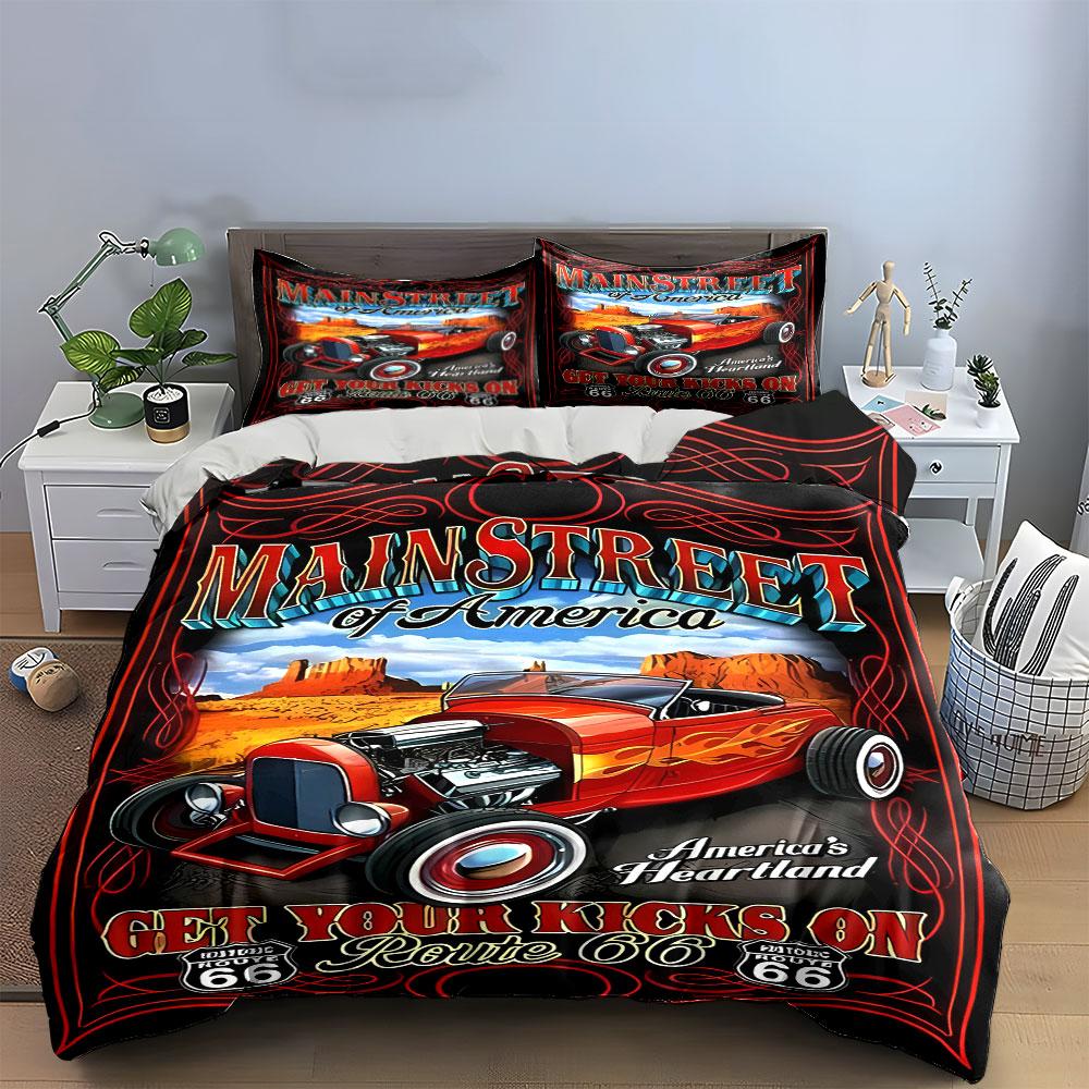 Retro car Route 66. Bedding sets Duvet cover sets Duvet covers Pillowcases(1 * Duvet Cover 2 * Pillowcases without duvet insert)