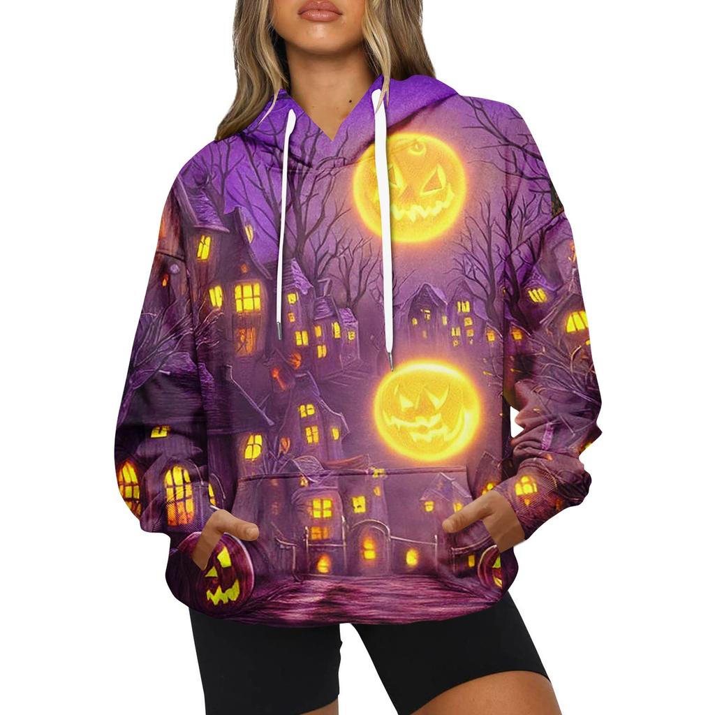 Женская модная повседневная толстовка с капюшоном и принтом на Хэллоуин с длинными рукавами