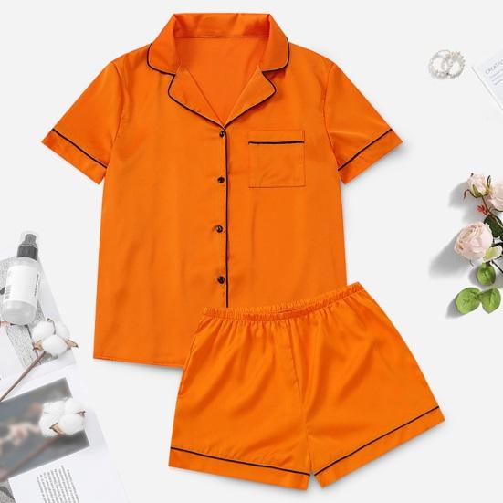 2 Pcs/Set Women Shirt Shorts Suit V Neck Lapel Short Sleeves Satin Solid Color Top Elastic Waist Short Trousers Homewear Loungewear OutfitLoungewear