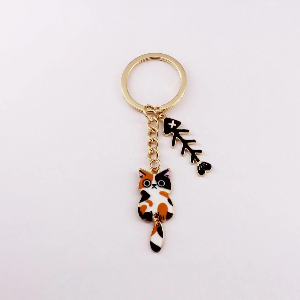 Super Cute Cartoon Cat Key Chains Gold Color Metal Kitten and Fishbone Ornament Woman's Funny Keychains