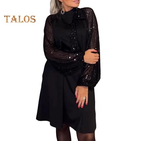 Lady Evening Dress Lace-up Strap Sequin Patchwork Long Lantern Sleeves Round Neck Spring Auutmn Midi Dress Loose Prom Party Dress