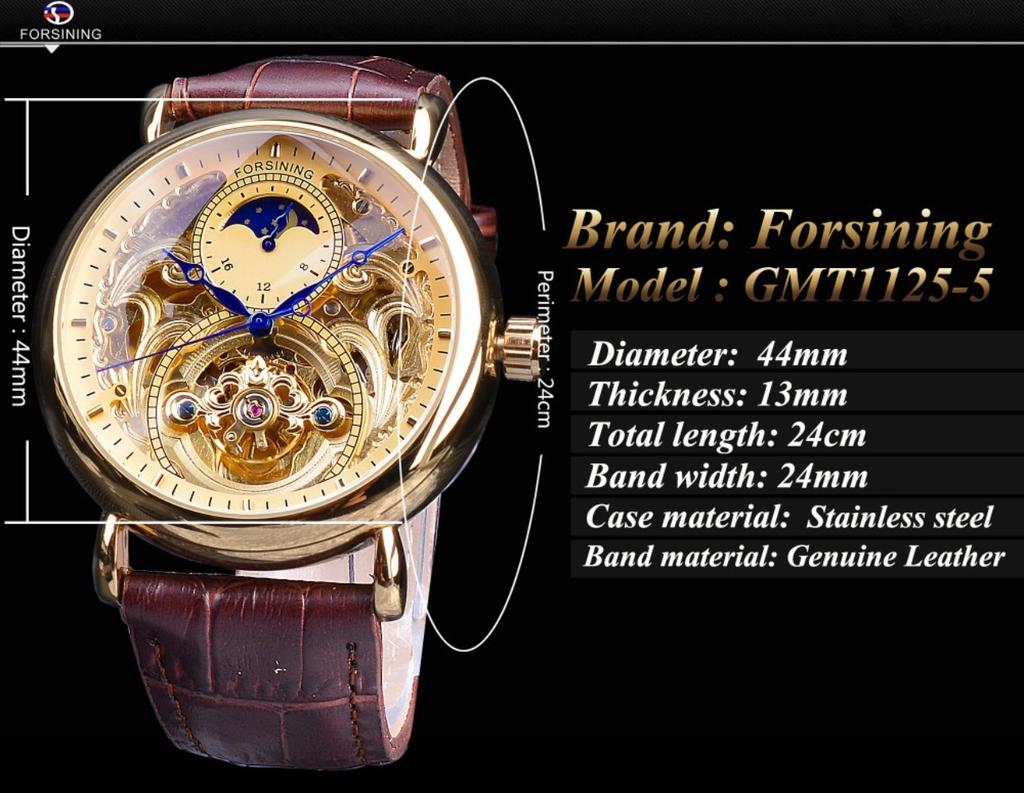 Forsining Men's Fashion Casual Hollow Moon Phase Carved Hollow Automatic Mechanical Watch