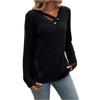 Women's Fashionable Solid Color V Neck Button Long Sleeved Loose Pullover T-shirt Top