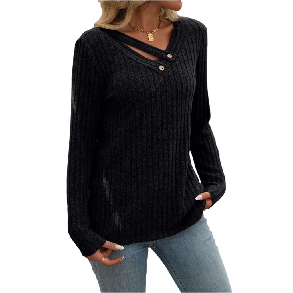 Women's Fashionable Solid Color V Neck Button Long Sleeved Loose Pullover T-shirt Top