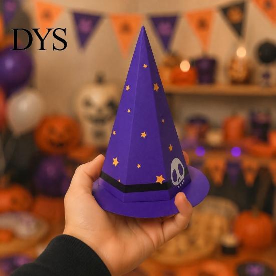 Foldable Party Gift Boxes Halloween Candy Box for Kids, Witch Hat Shaped Cardboard Container, Chocolate Packaging Parties Treat or Trick Cookie Snack
