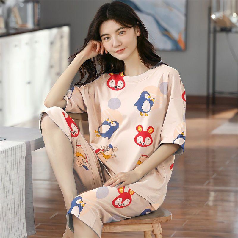 Летние капри в клетку женские пижамы для сна с короткими рукавами пижамные комплекты с рисунком пижамы из полиэстера 3XL 5XL домашняя мода