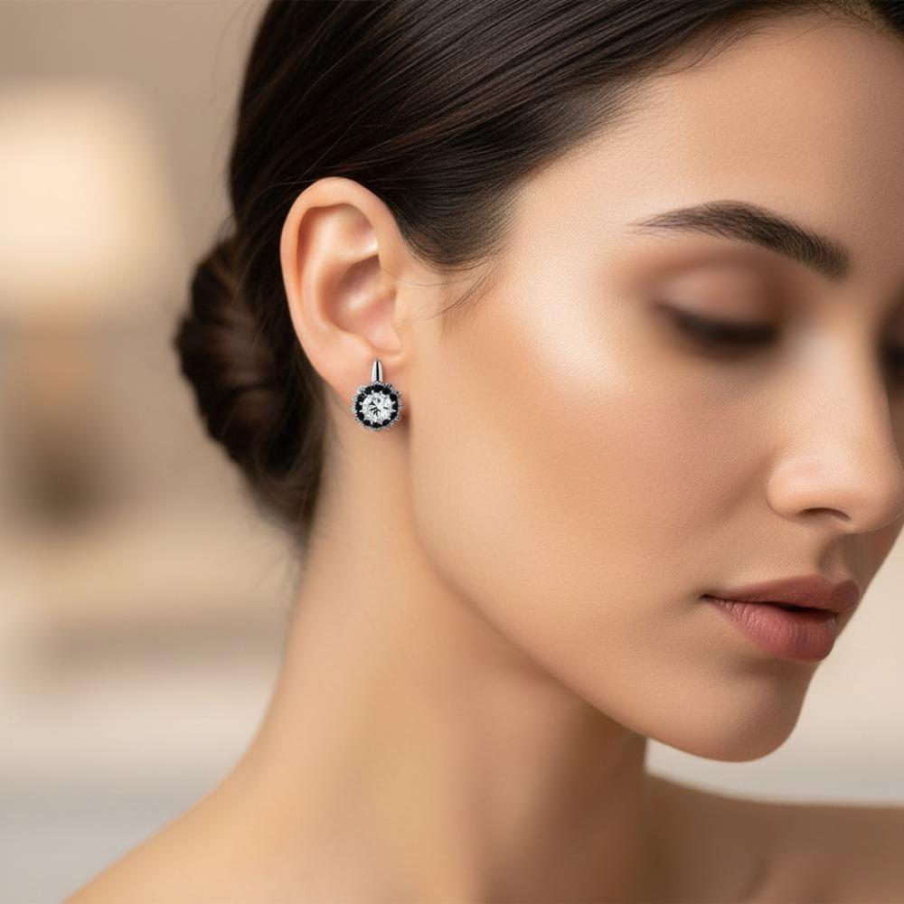 Серьги-кольца с черным и белым камнем